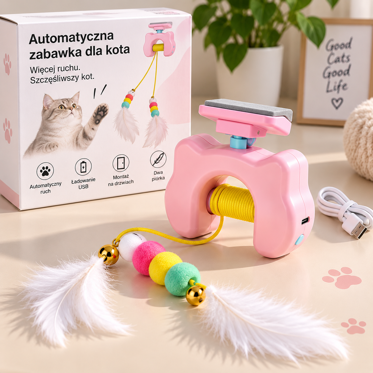 Automatyczna zabawka dla kota na drzwi – interaktywne piórka